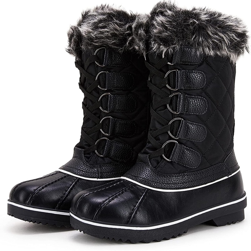 Faux Fur Boots Mid-Calf Lace-up Waterproof Insulated Quilted Mesh Winter Boots